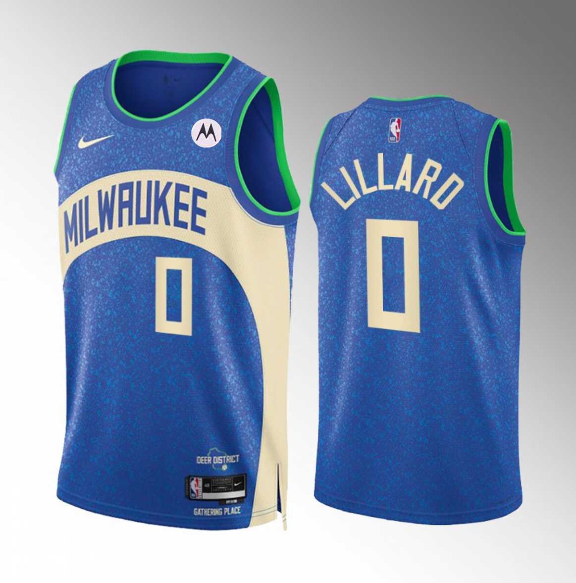 Mens Milwaukee Bucks #0 Damian Lillard Blue 2023-24 City Edition Stitched Basketball Jersey Dzhi